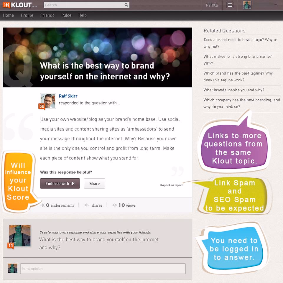 screenshot: klout experts question from ralf skirr