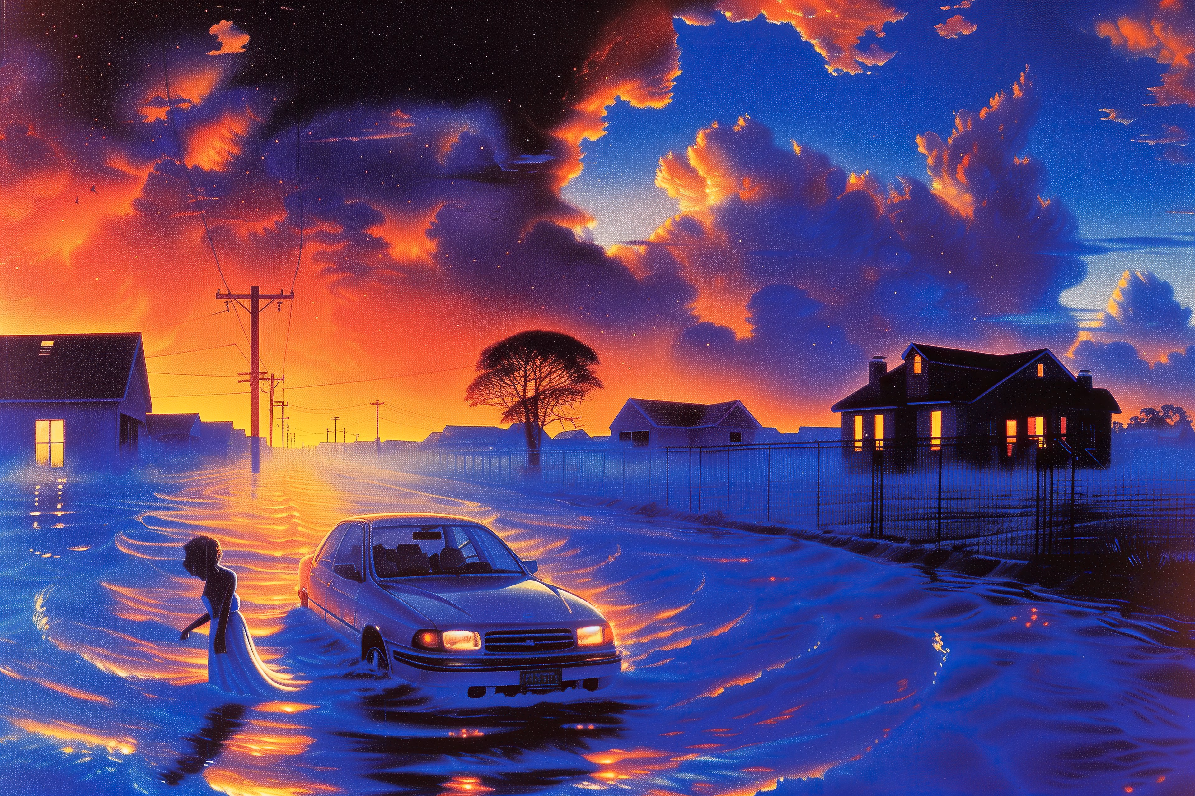 A woman in a white dress wading through a flooded street next to a half-submerged car at sunset