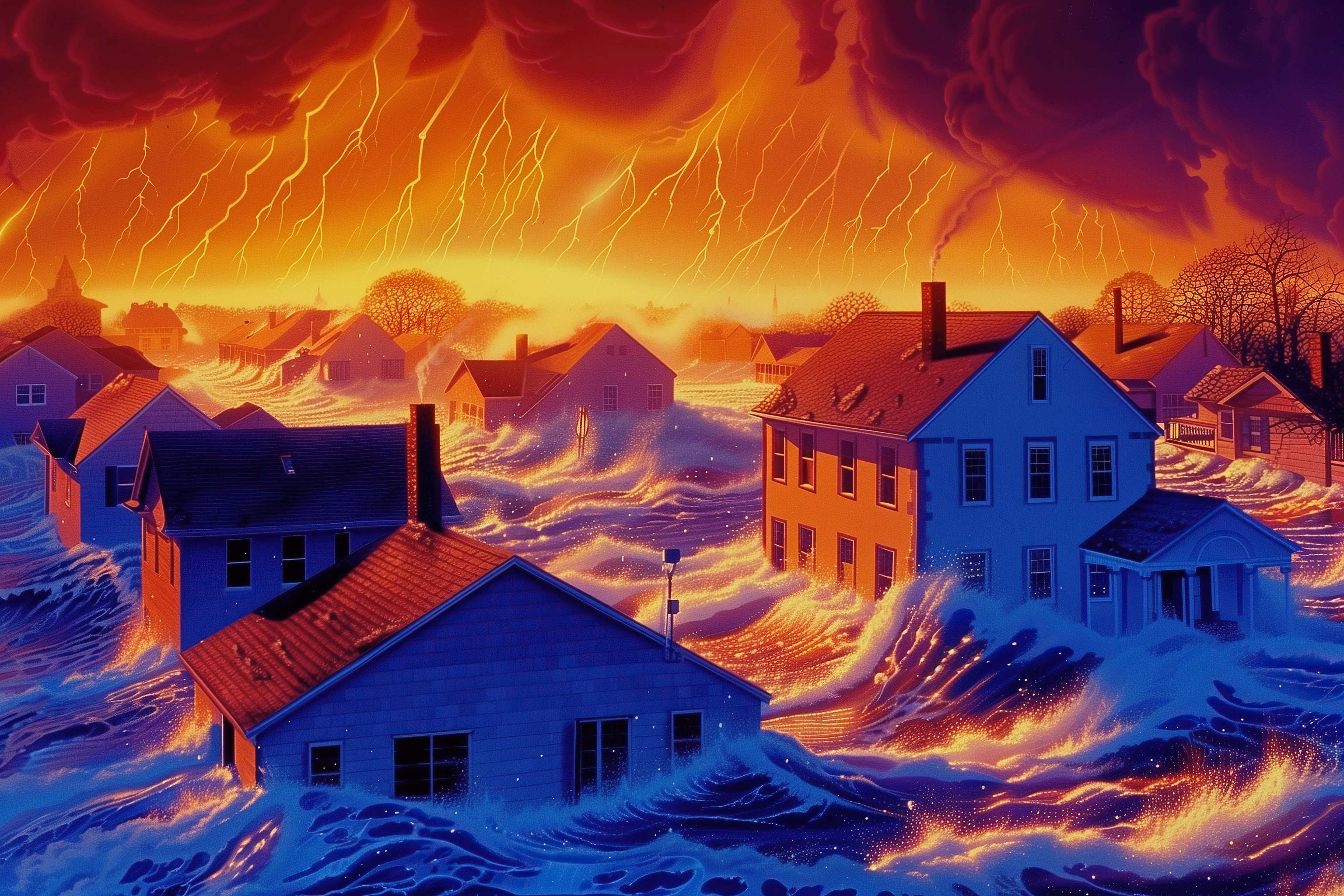 A suburban neighbourhood swept by glowing floodwaters under an orange sky full of lightning
