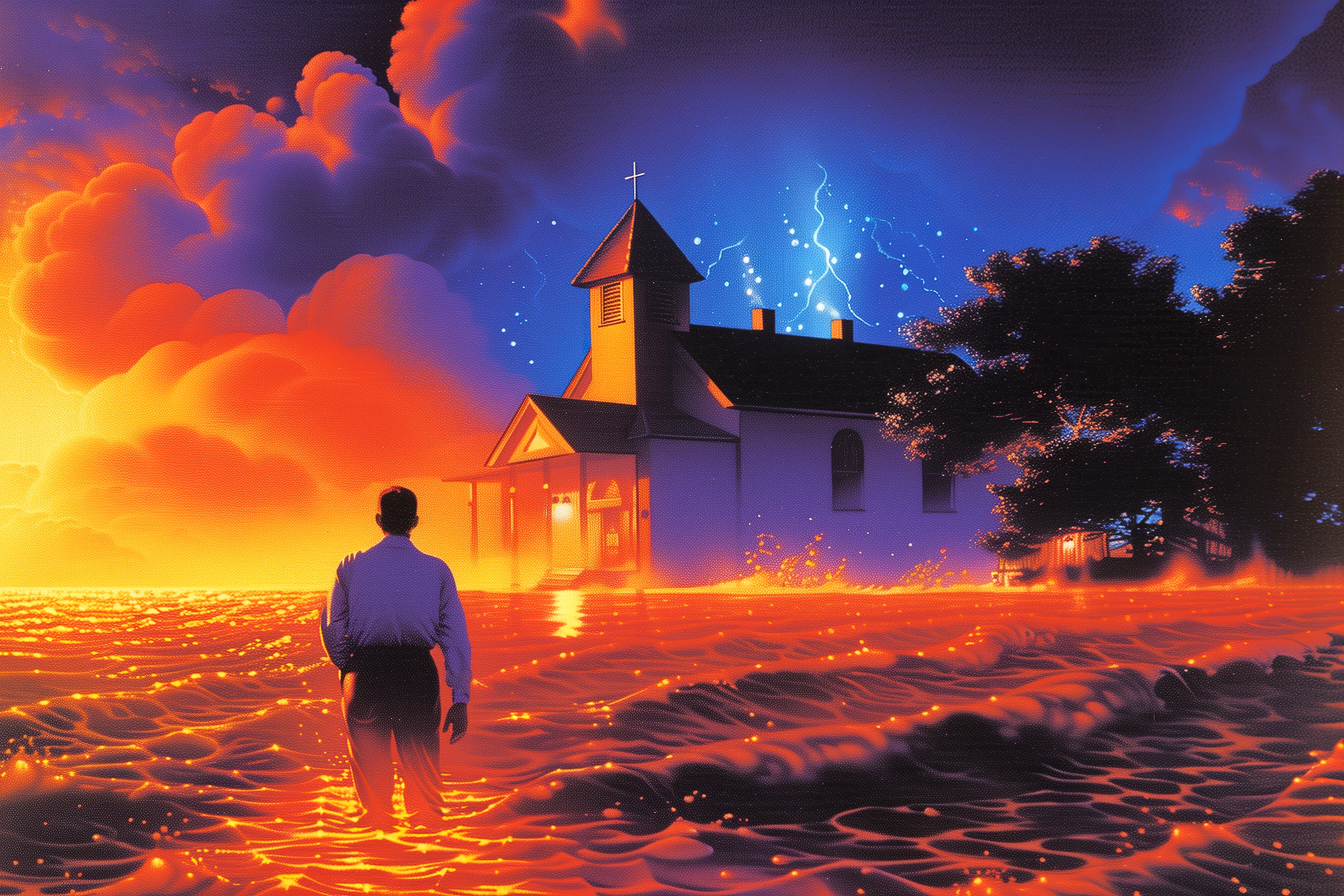 A man wading through fiery floodwater towards a white church struck by lightning