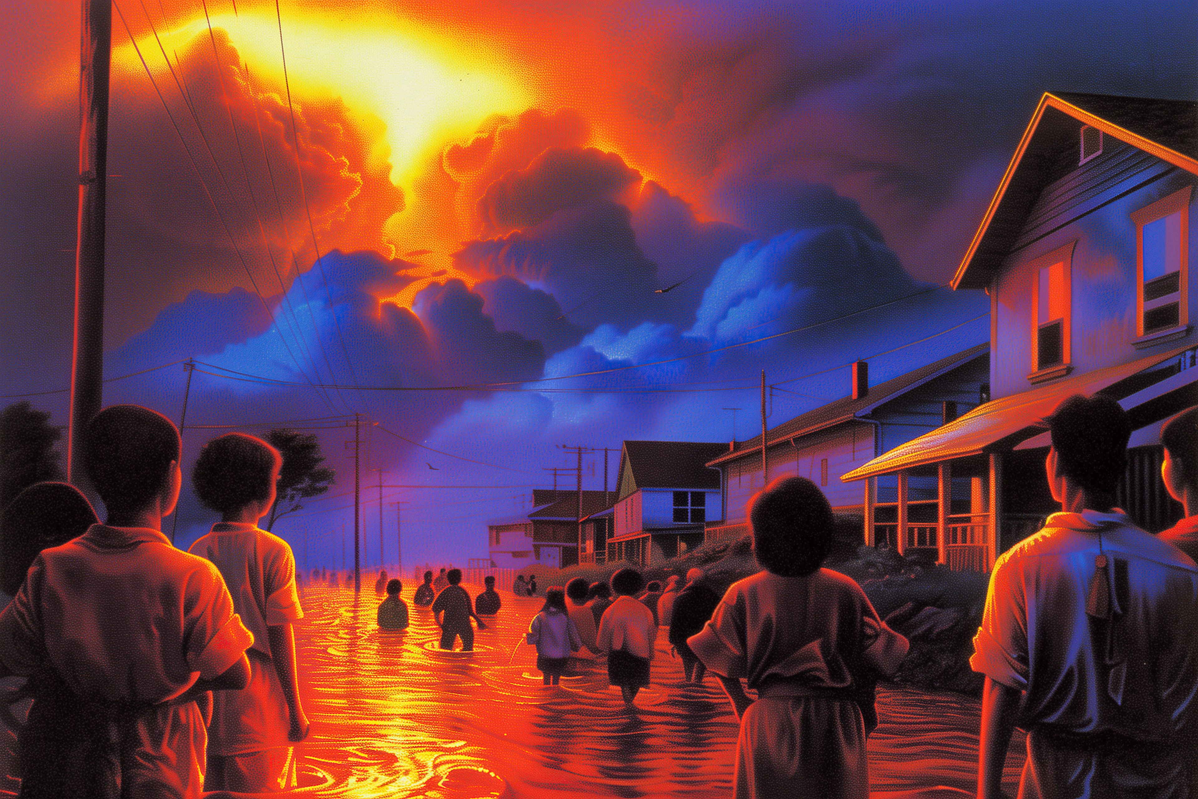 People wading down a flooded small-town street under a glowing stormy sky