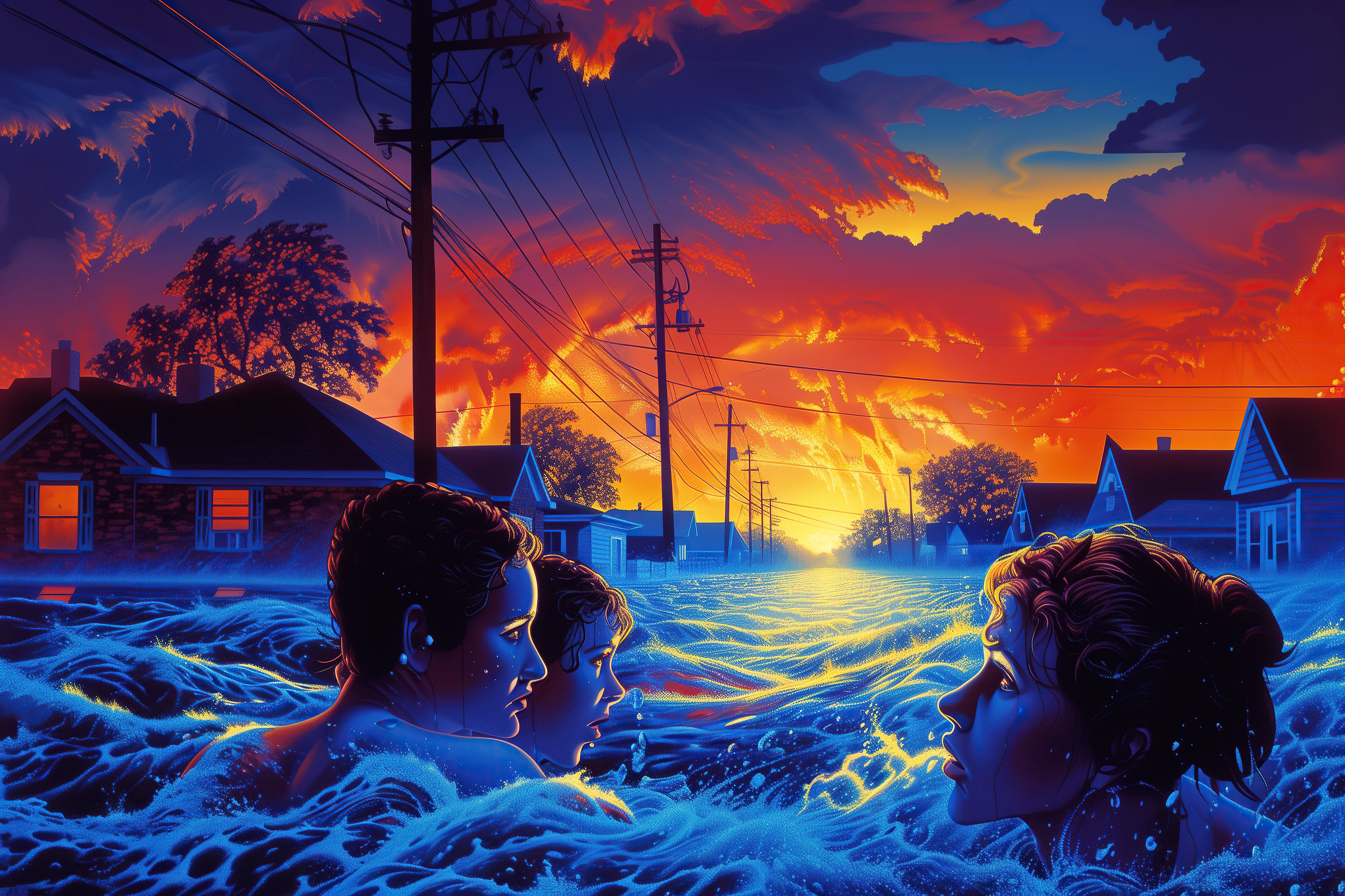 Three people swimming in a flooded residential street at sunset, power lines overhead
