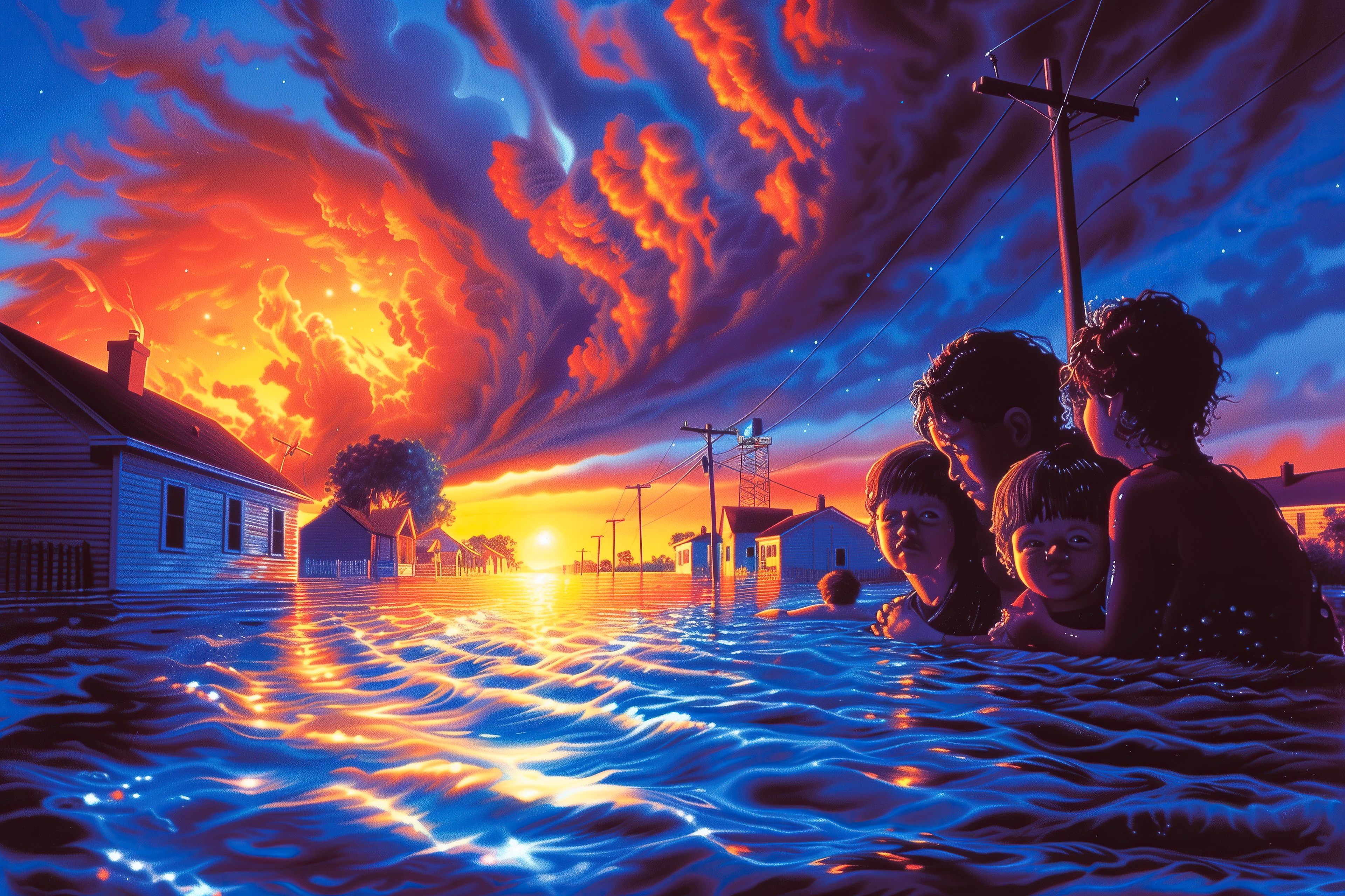 A family huddled together in floodwater in front of half-submerged houses at sunset