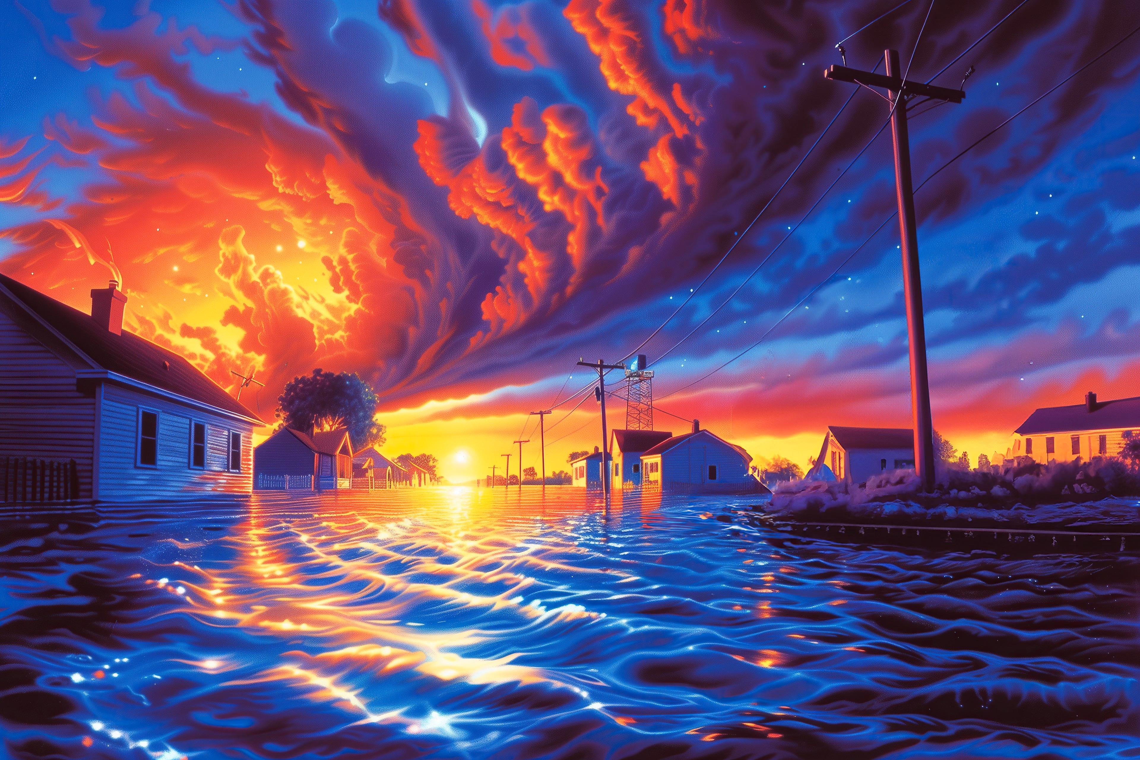 A flooded street with houses and power lines under a swirling red and blue sky at sunset