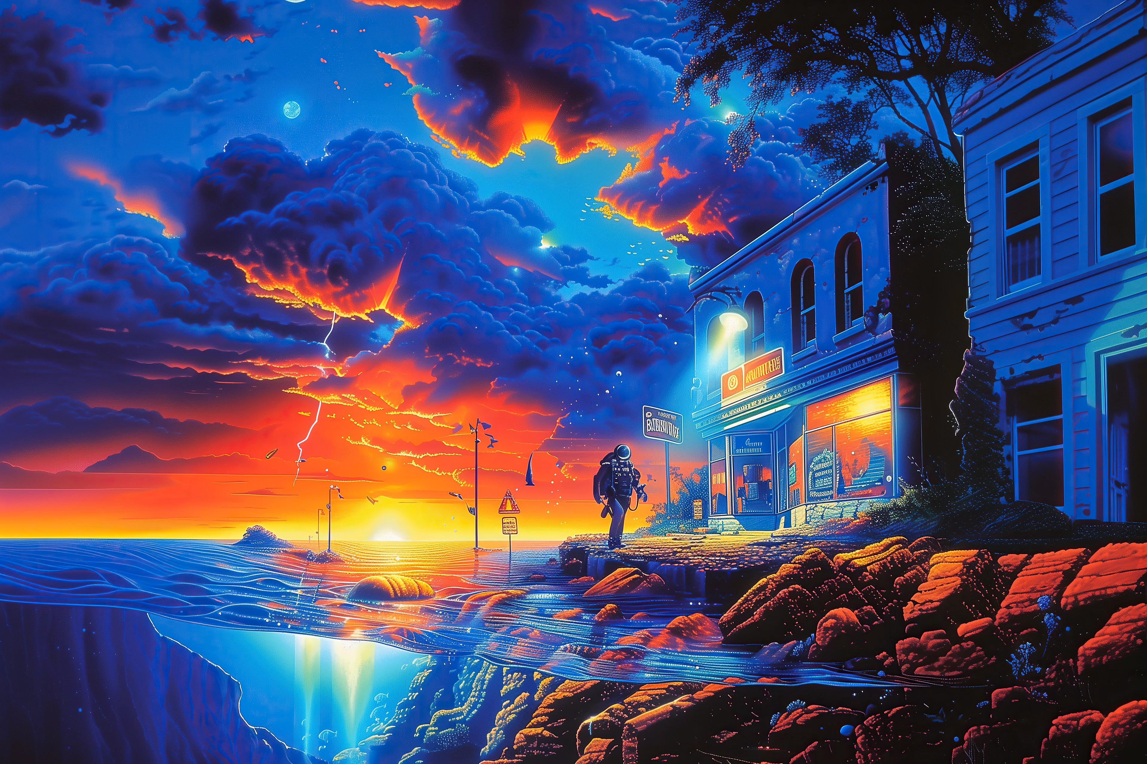 A diver in a helmet walking past a lit shop front on a flooded coast under a stormy sky