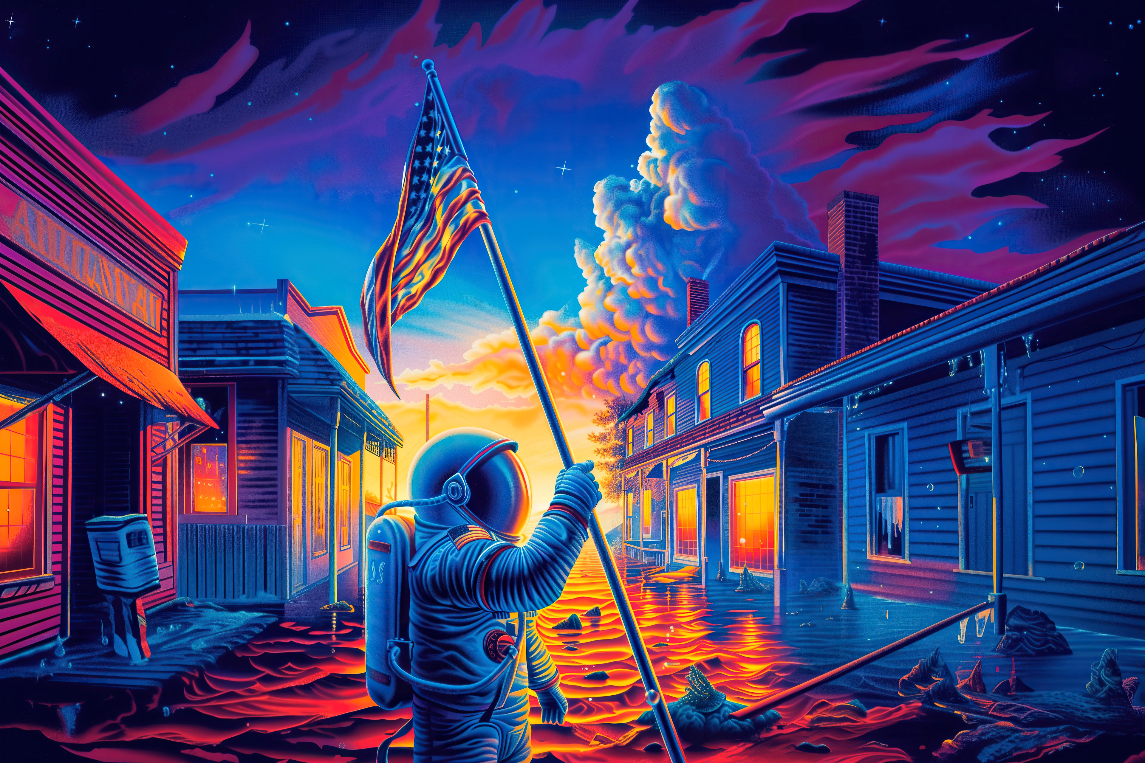 An astronaut raising the American flag in a flooded small-town street