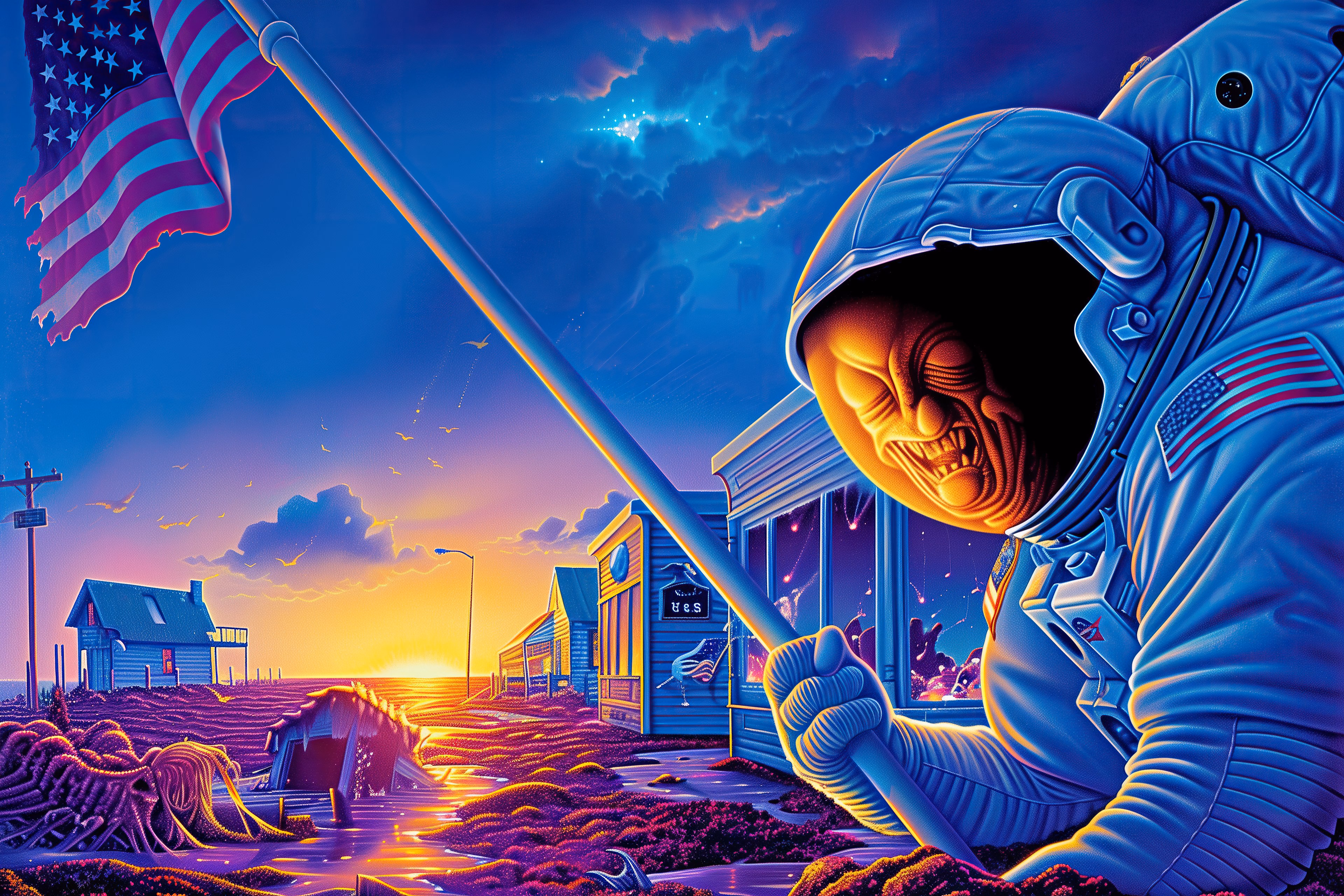 An astronaut with a grimacing face holding an American flag in front of flooded, ruined houses