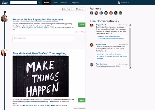 How to comment on Triberr. Triberr stream with two shared blog posts, a photo reading "Make things happen" and a panel with active members and live conversations