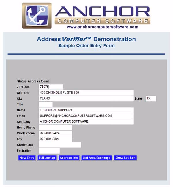 Demonstration form of the software Address Verifier by Anchor Computer Software with filled-in address fields and buttons