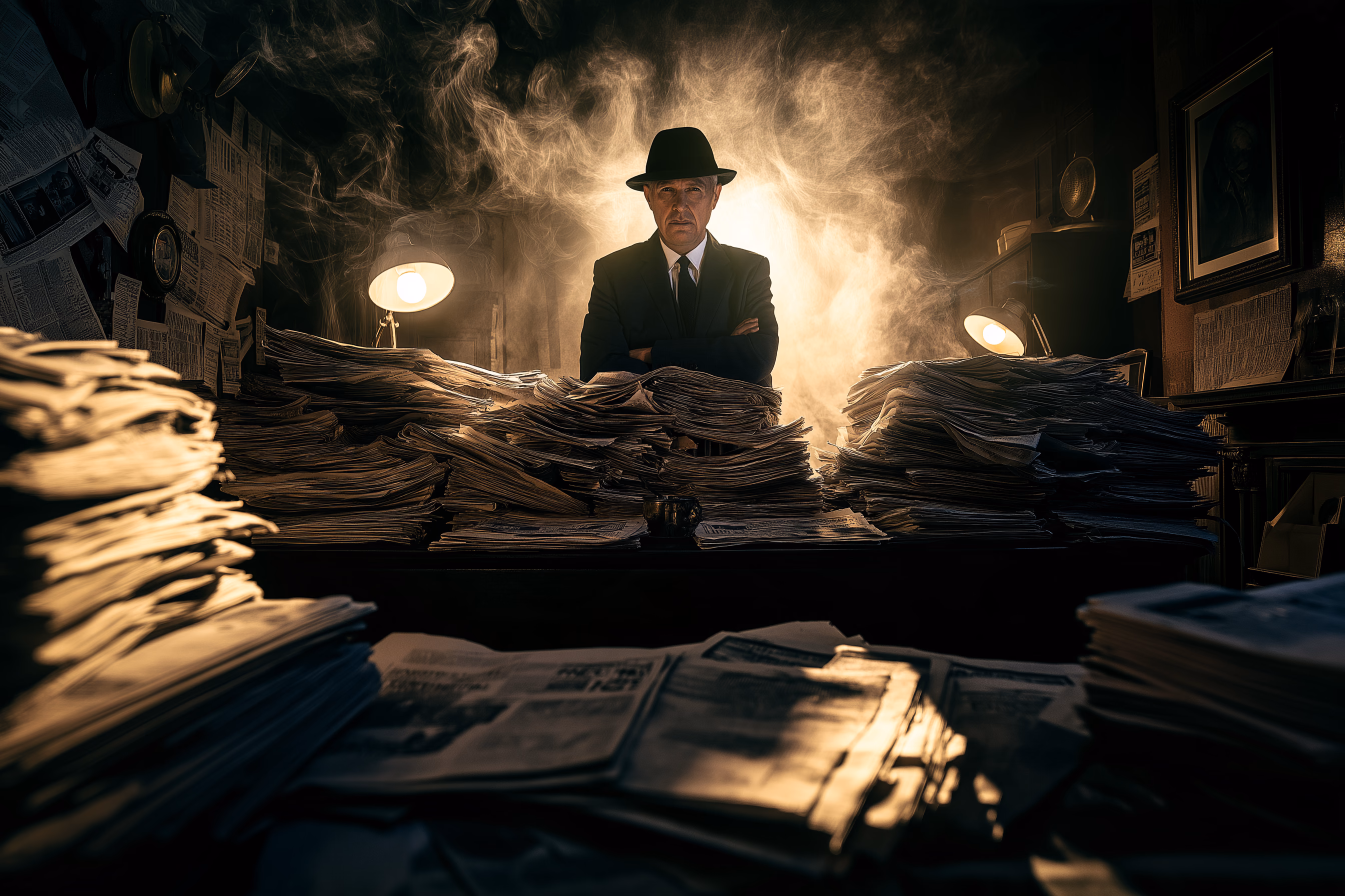 A Private Investigator is standing behind a huge desk with huge piles of old newspapers. AI-generated image.