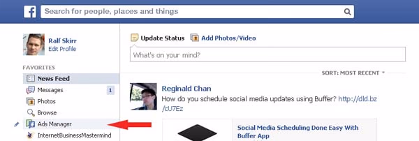Facebook news feed with a red arrow pointing at the "Ads Manager" entry in the left menu