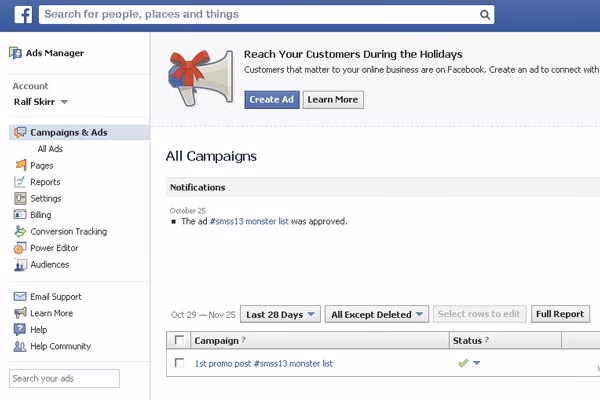 Facebook Ads Manager page "All Campaigns" with a campaign list and a notification that an ad was approved