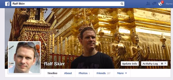 Facebook profile of Ralf Skirr with a cover photo of a golden temple with Buddha statues and a profile photo