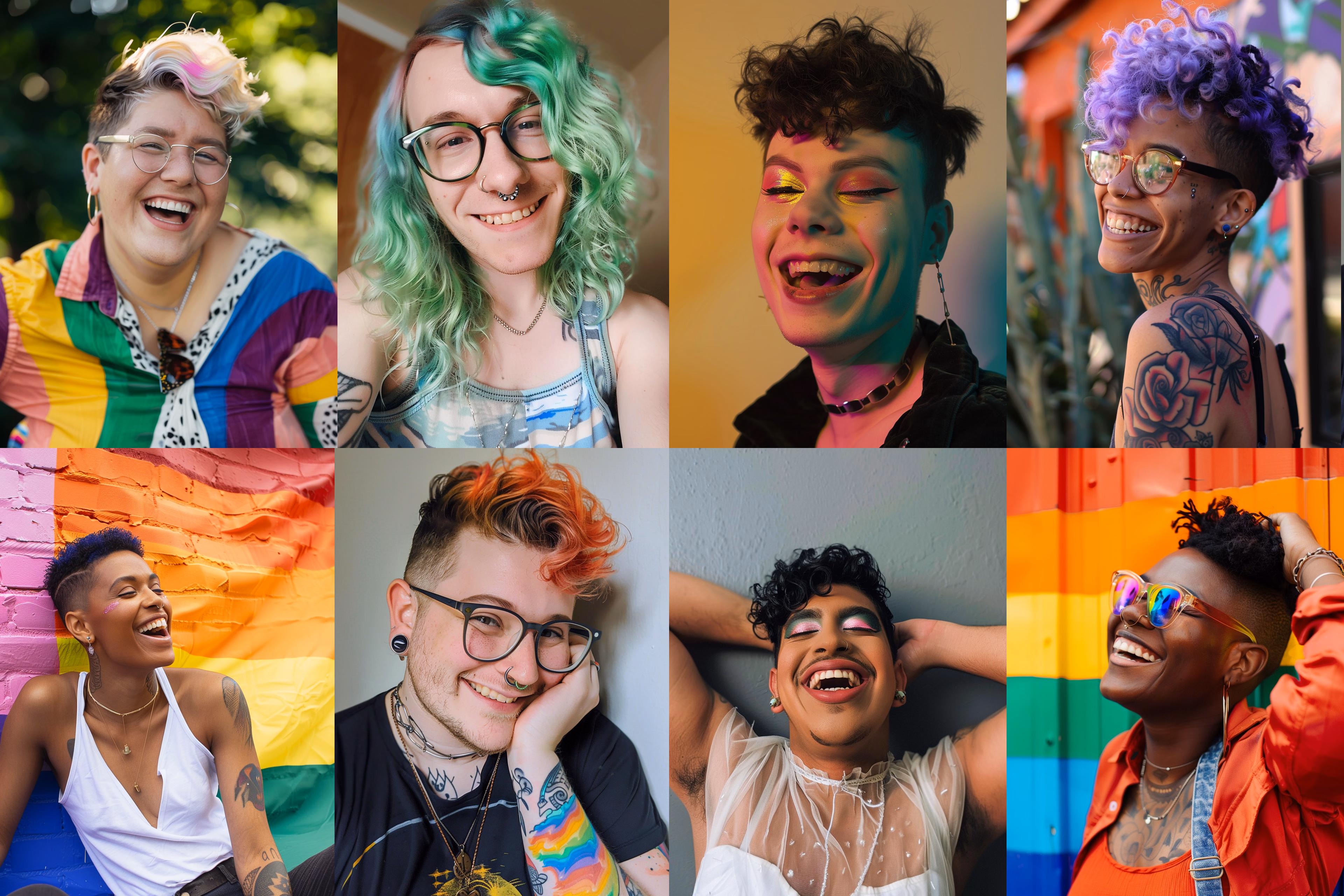 8 small portraits of happy queer people generated by Midjourney