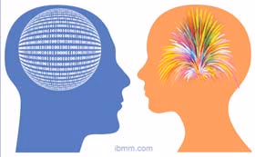 Two head silhouettes facing each other: a blue one filled with binary code and an orange one with colorful bursts