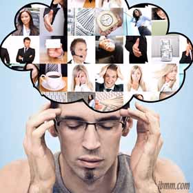 Man with closed eyes and hands on his temples, with a thought bubble full of business photos