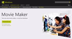 Windows Movie Maker download page with a photo of two people editing a video on a computer