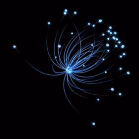 Glowing blue threads radiating from a central point to many lights on black