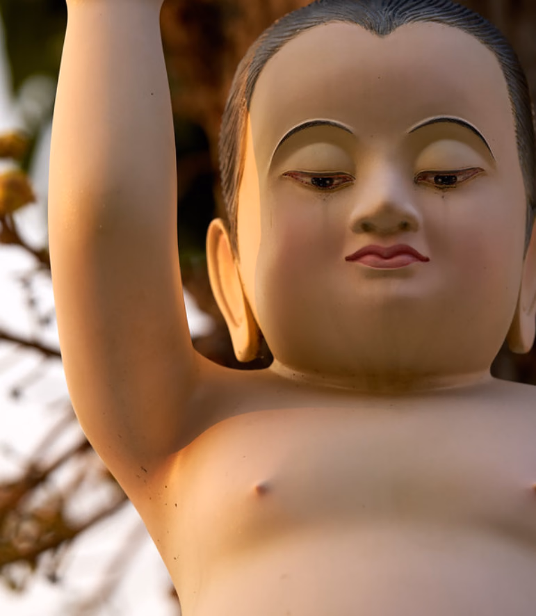 Close-up of a painted statue of a child Buddha with one arm raised, in warm evening light