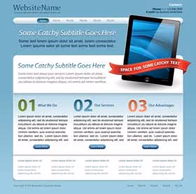 Sample website layout with the placeholder name "WebsiteName", a tablet, a red ribbon and three numbered columns