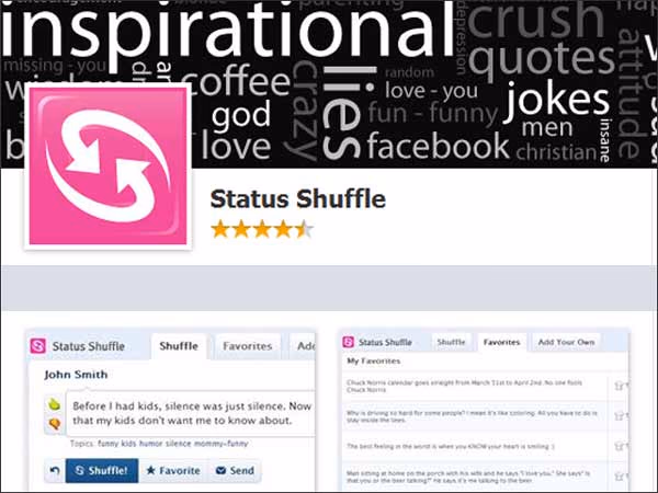 Facebook app page of Status Shuffle with a pink logo, a four-and-a-half star rating and two screenshots of the app showing quotes and a favorites list