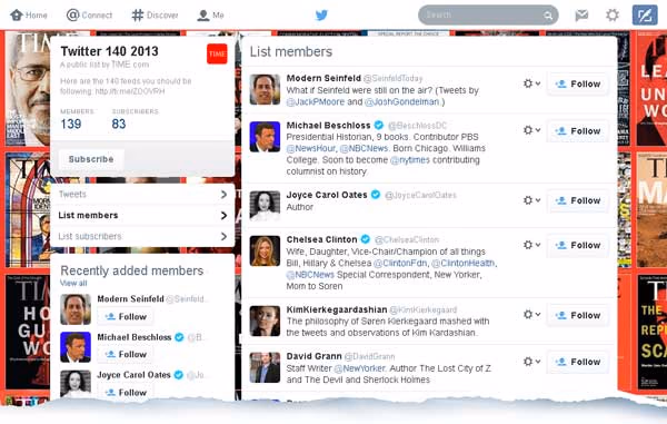Twitter list "Twitter 140 2013" by TIME with its member list and follow buttons