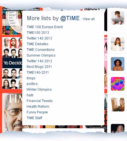 Twitter list overview "More lists by @TIME" showing a list of TIME lists such as Twitter 140 2013