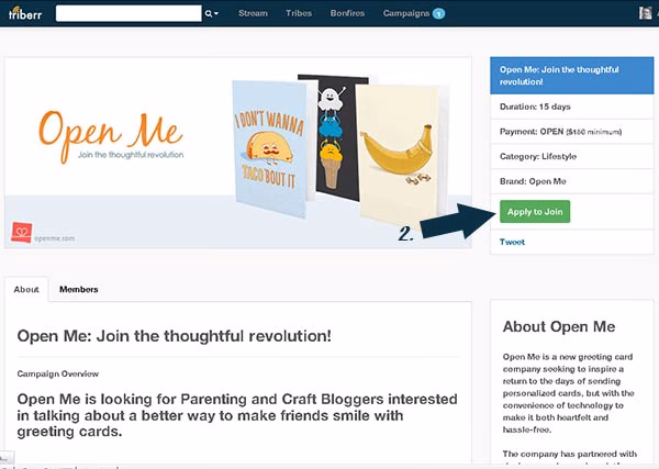 Triberr campaign page for Open Me, a greeting card company; an arrow marked 2 points at the "Apply to Join" button