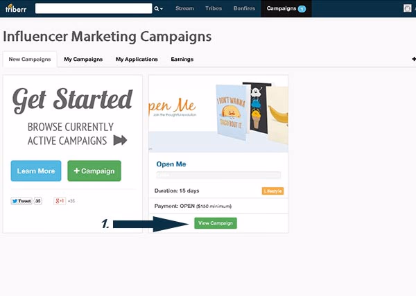 Triberr page "Influencer Marketing Campaigns" with a campaign card for Open Me; an arrow marked 1 points at the "View Campaign" button