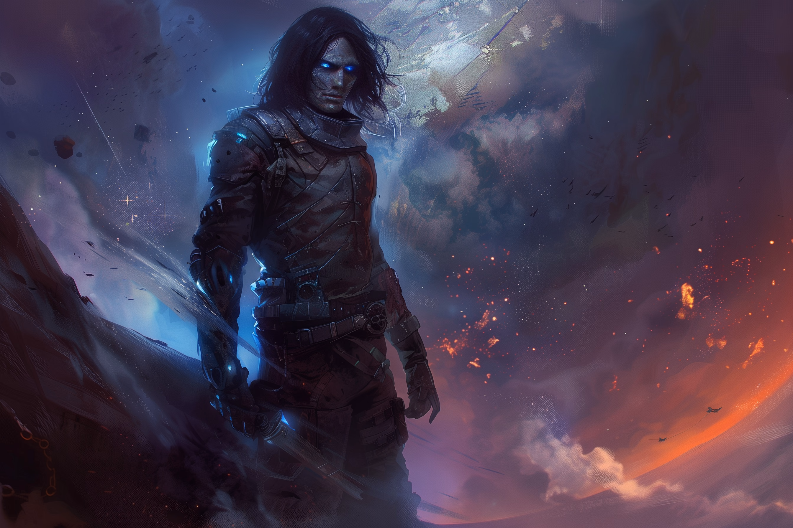 A tall man with shoulder-length black hair and glowing blue eyes in dark armour against a cosmic sky