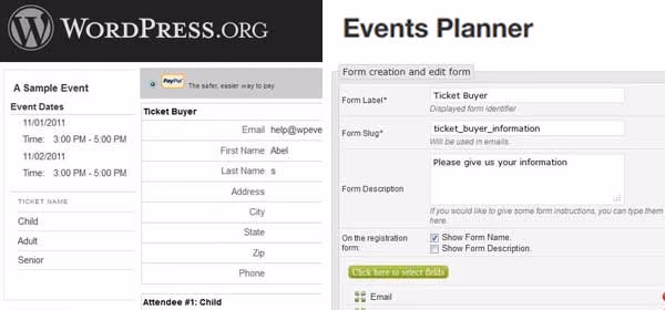 Screenshots of the WordPress plugin Events Planner: an event page with ticket types and the form editor for the ticket buyer