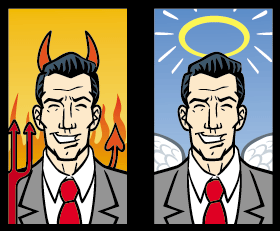 Two smiling businessmen in suits: one with devil horns in front of flames, one with a halo and angel wings