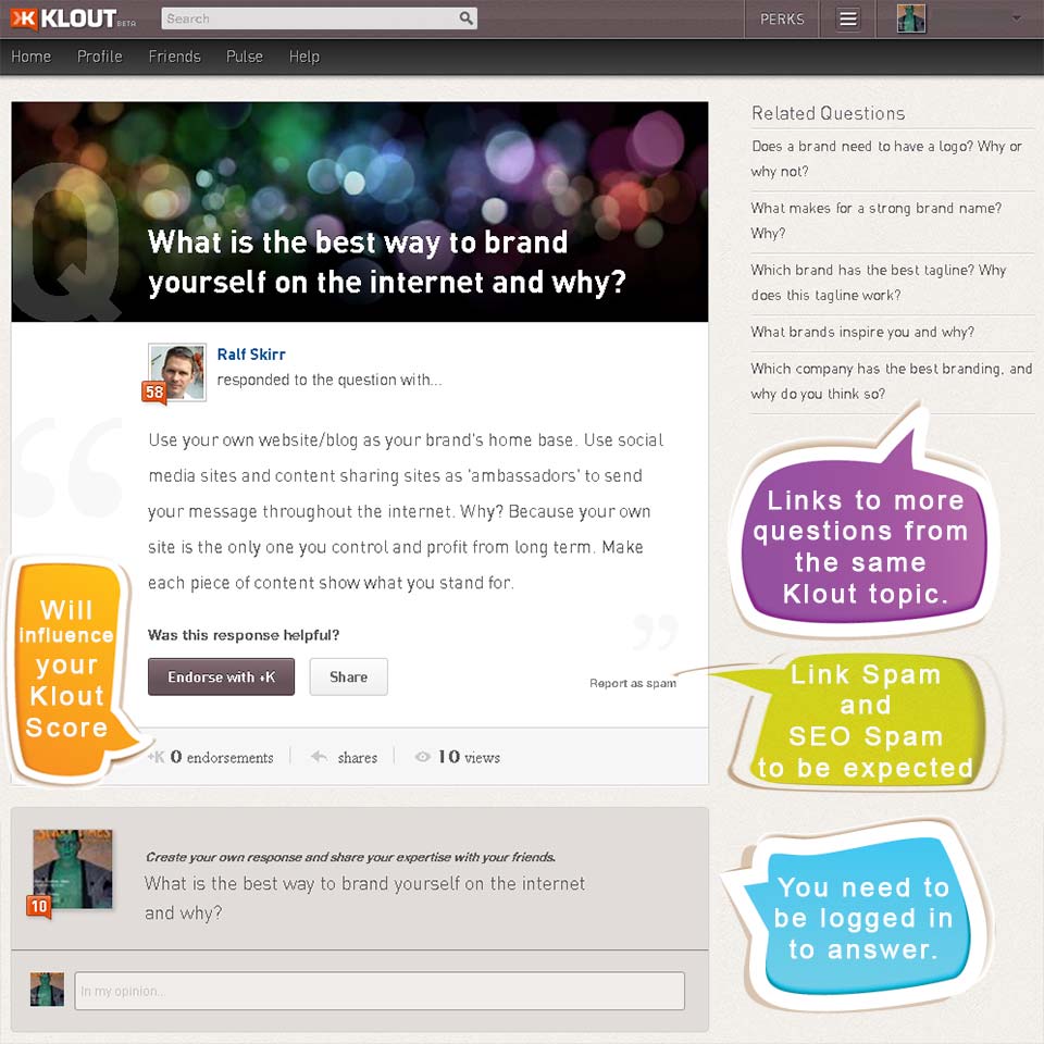 screenshot: klout experts question from ralf skirr
