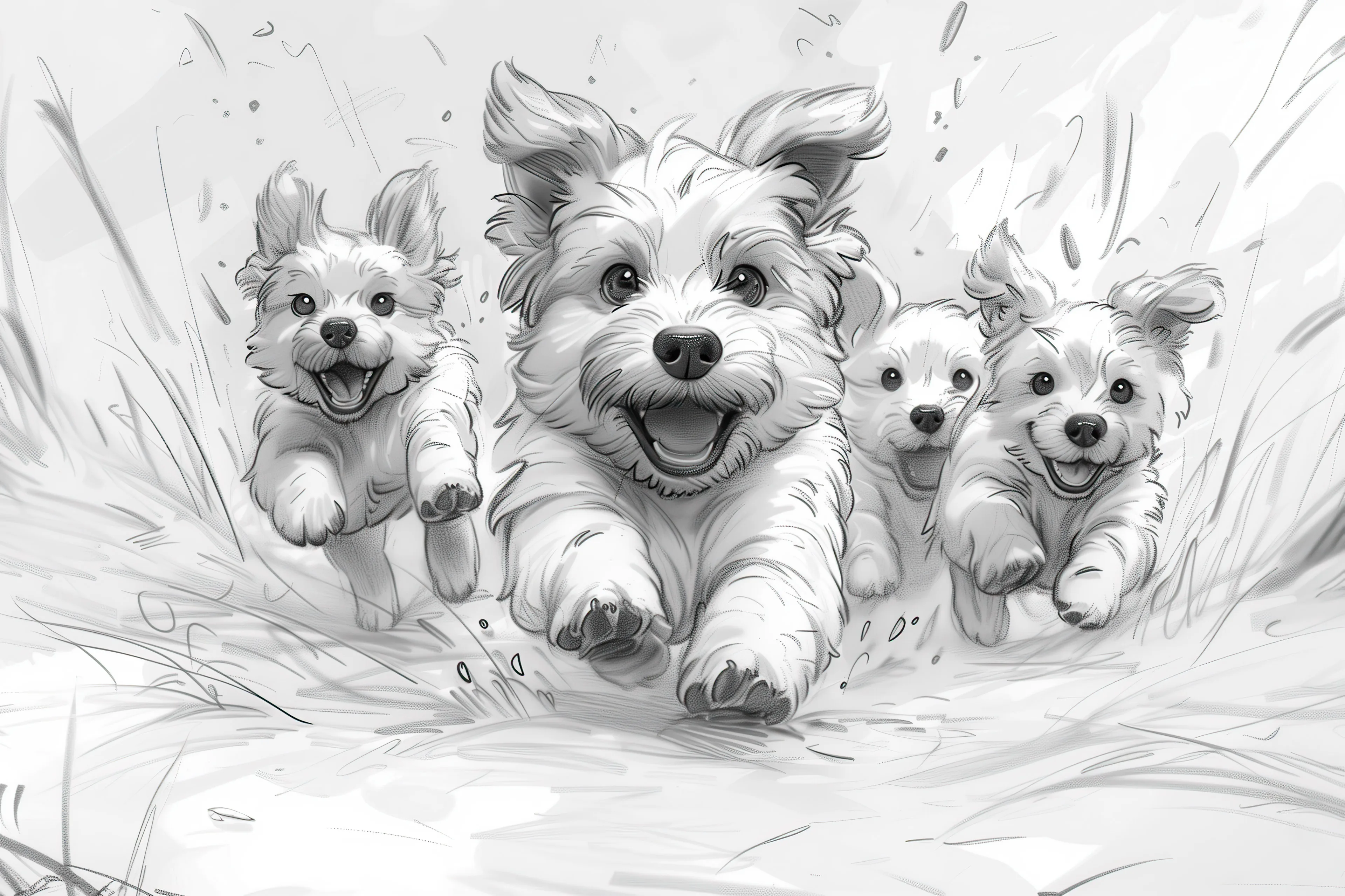 B/W Illustration of 4 happy dogs running towards the viewer