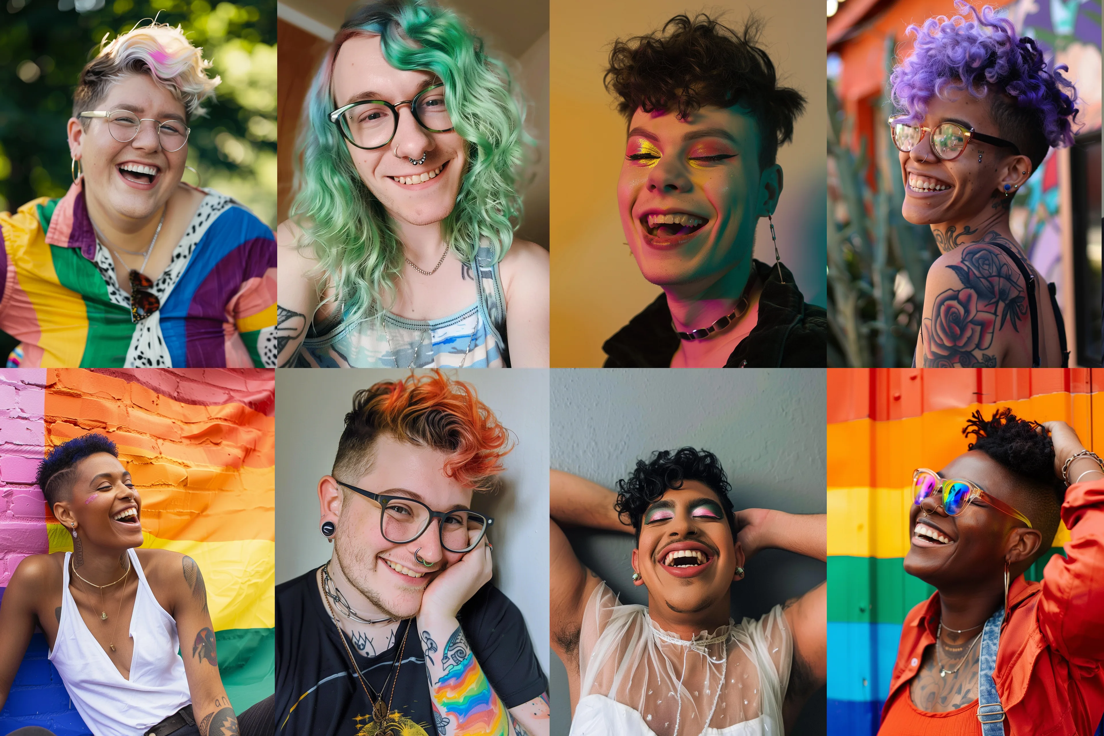 Queer at Stylize 0 8 small portraits of happy queer people generated by Midjourney