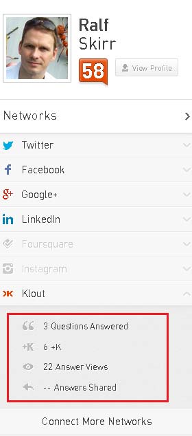 Screenshot Klout Dashboar, Network Section
